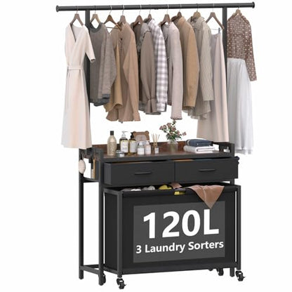 STIKELY Laundry Sorter Hamper with Hanging Cloth Rack, Laundry Basket with 3 Section Pull-Out Rolling Bags, Laundry Sorter for Organization and Storage with 2 Drawers for Laundry Room (Vinatge Brown)