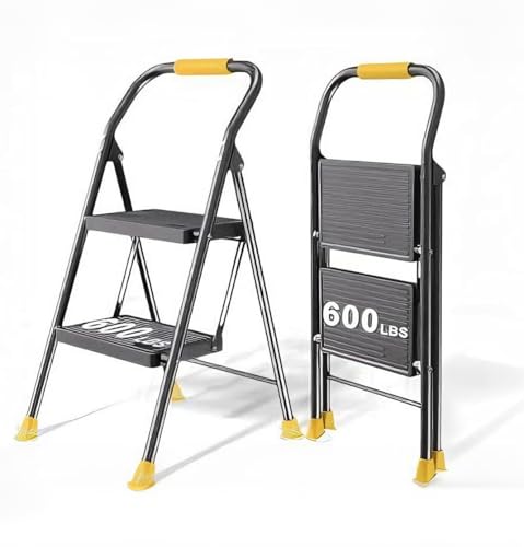 Foldable Step Ladder Folding Stool - 2 Stepping Extension Tall Heavy Duty with Handrails for Home Adults Kitchen - Extendable Stepladder Closet Stepstool Stair Ladders for Indoor House 600Lbs - color: Black and Yellow, size: 2 Step without Tool Platform