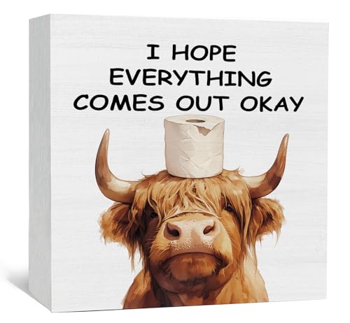 Highland Cow Bathroom Decor Sign, Funny Highland Cow Bathroom Decor, I Hope Everything Comes Out Okay Wood Decoration Bath Room Decor For Washroom Toilet Counter Shelf Table 5x5 Inch - color: highland cow I hope, size: 5x5 in