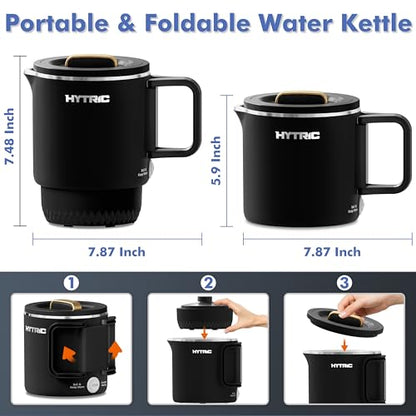 HYTRIC Travel Electric Kettle, 650ML Foldable Small Electric Kettle, Stainless Steel Portable Kettle with Dual Power Control, Collapsible Small Kettle Electric, Auto Shutoff & Boil Dry Protection