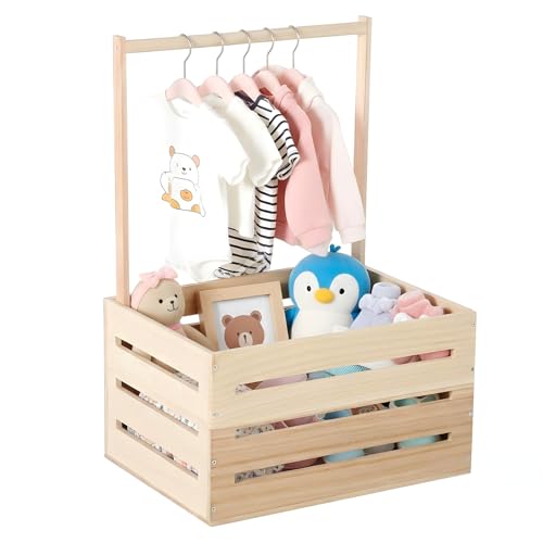 Wooden Baby Shower Crate Closet, Wooden Crate Basket with Handle Baby Gift Basket New Born Welcome Gift Hamper for Boys & Girls Welcome Babies Gifts for New Parents