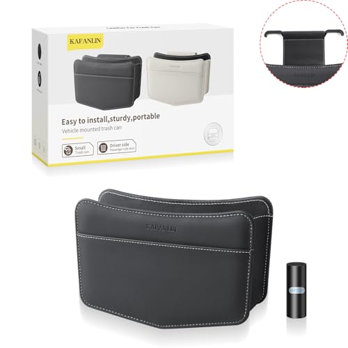Car Trash Can Small Leather Vehicle Trash Bin Car Dustbin Garbage Organizer Holder with Trash Bag Foldable Mini Cars Storage Bag Container for Auto SUV Van Trucks (Black,Hanging Hook) - color: black, style: hanging hook
