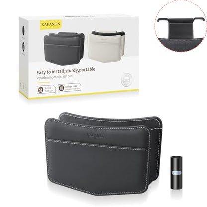 Car Trash Can Small Leather Vehicle Trash Bin Car Dustbin Garbage Organizer Holder with Trash Bag Foldable Mini Cars Storage Bag Container for Auto SUV Van Trucks (Black,Hanging Hook) - color: black, style: hanging hook