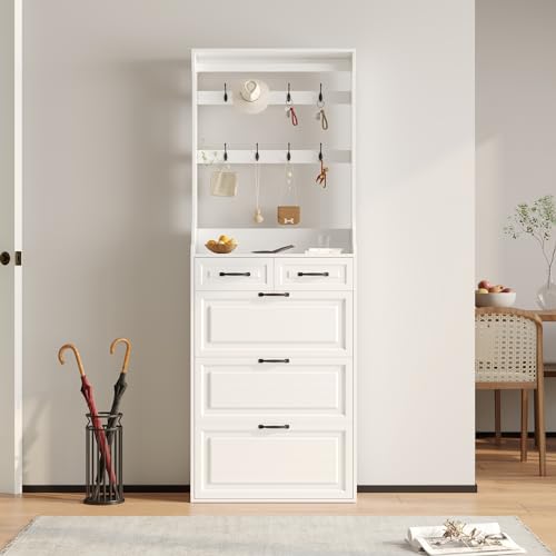 Vibe & Dine Shoe Cabinet, Entryway Shoe Storage Cabinet with 3 Flip Doors and 2 Drawers, 2-in-1 Wooden Shoe Rack Organizer with Coat Hooks for Hallway Cloakroom, White - color: White, size: Extra Tall