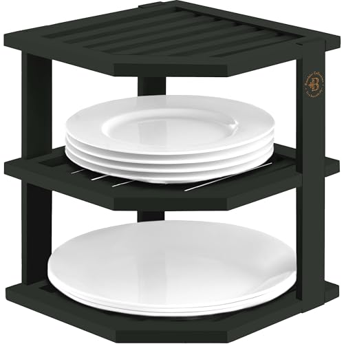 Black Plate Organizer for Cabinet - 3 Tier Bamboo Corner Cabinet Organizer Shelf for Plates Bowls Mugs Cups, Kitchen Cabinet Organizer, Cabinet Shelf Organizer, Countertop Rack, 10 x 10 x 9.5 Inch - color: Black