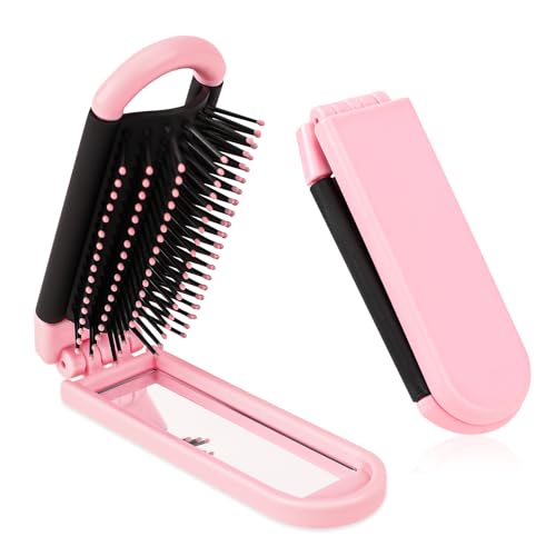 Travel Folding Brush with Mirror by 1 Pack - Collapsible Pocket-Size Massage Comb for Styling, Gym, Trips, Purse, Swimming (Pink) - color: Pink