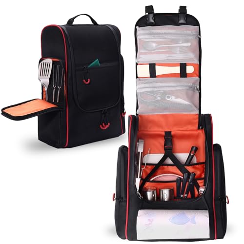 Camping Organizer for Outdoor Kitchen Storage, Large Hanging Cookware Backpack with Paper Towel Holder, Multi Pockets Camp Utensil Containers for BBQ Grill Cooking Essential Tools, Bag Only