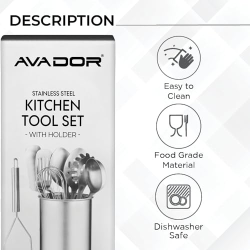 Avador® Premium Set of 10 Stainless Steel (BLACK HOLDER) Kitchen Tool Set with Holder Easy To Clean, Space Saving, Great for Cooking, Baking, Prepping (BLACK) - color: Black