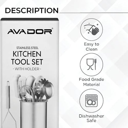 Avador® Premium Set of 10 Stainless Steel (BLACK HOLDER) Kitchen Tool Set with Holder Easy To Clean, Space Saving, Great for Cooking, Baking, Prepping (BLACK) - color: Black