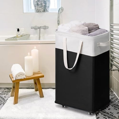 Goodpick Rolling Laundry Hamper with Wheels 75L, Black Laundry Hamper for Dirty Clothes, Collapsible Laundry Basket with Removable Wash, Black Laundry Basket with Wheels - color: Black & White