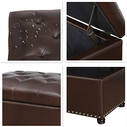 Leather Ottoman with Storage,24’’Foot Rest Ottomans with Hinged Lid Rectangle Upholstered Foot Stools Nailhead Trim for Living Room Bedroom,Classic Brown - color: Classic Brown