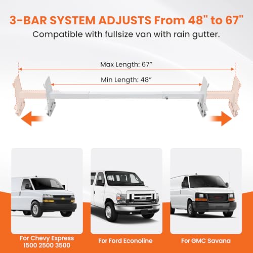 Van Roof Ladder Rack Fit for 1996-2025 Chevy Express 1500/2500/3500 Vans, with Rear Roller, 850 lbs Heavy Duty, 3 Adjustable Crossbars (48"-67"), Rain Gutter Mounts, No Drill