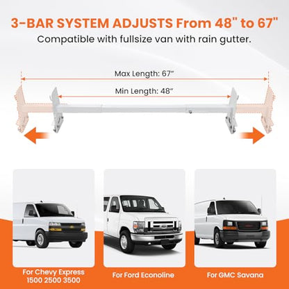 Van Roof Ladder Rack Fit for 1996-2025 Chevy Express 1500/2500/3500 Vans, with Rear Roller, 850 lbs Heavy Duty, 3 Adjustable Crossbars (48"-67"), Rain Gutter Mounts, No Drill