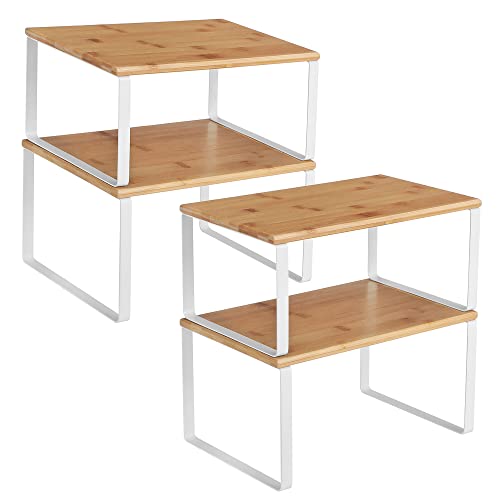 SONGMICS Cabinet Organizer Shelf, Set of 4 Kitchen Counter Shelves, Kitchen Storage, Spice Rack, Stackable, Expandable, Metal and Engineered Wood, Cloud White and Natural Beige UKCS010N01 - color: Cloud White + Natural Beige, size: 11.7"W