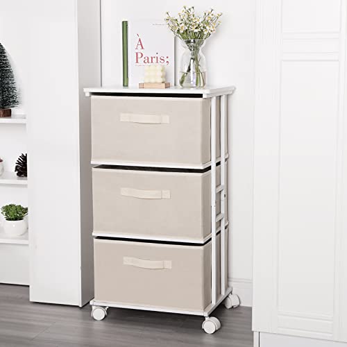 MAX Houser Dresser Tower with 3 Drawers for Bedroom, Fabric Storage Organizer Unit, Chest of Drawers with with WoodTop, Small Vertical Storage for Guest Room, Closet, Entryway(Beige) | Fabric Storage Organizer Unit, Chest of Drawers with with WoodTop, Sma