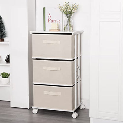MAX Houser Dresser Tower with 3 Drawers for Bedroom, Fabric Storage Organizer Unit, Chest of Drawers with with WoodTop, Small Vertical Storage for Guest Room, Closet, Entryway(Beige) | Fabric Storage Organizer Unit, Chest of Drawers with with WoodTop, Sma