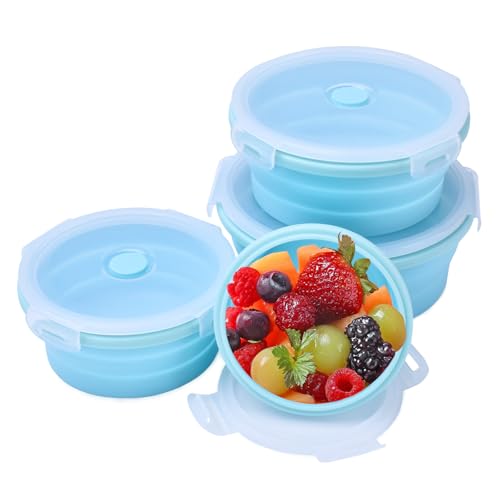 Square Collapsible Silicone Food Storage Containers 4-Piece Set, Air-Tight Leak-Proof Collapsible Bowls with Lids for Meal Prep, Office Lunch & Camping, Space-Saving Stackable Design(Blue) - color: Round_Blue_4 Size