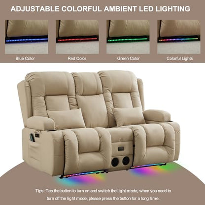 TUNYI Power Loveseat Recliner Sofa with Massage & Heat Home Theater Seating with Console RV Recliner Loveseat Sofa with USB/Storage/Side Pocket/LED Light/Speaker (Beige, Loveseat) - color: Beige, size: 2 Seat