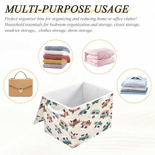 Retro Camper Trailers Storage Bins with Lids Foldable Storage Basket with Handles Collapsible Large Fabric Organizer Containers for Clothes Shelves Closet Office Home