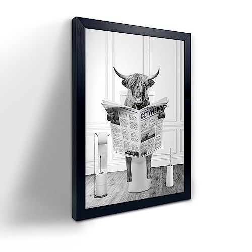 Funny Highland Cow Wall Art, Black Framed, Humor Animals Bathroom Artwork, Kids Bedroom Decor - color: Highland Cow Art, size: 16"L x 20"W