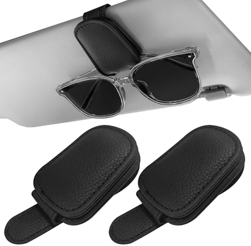 Sunglass Holder for Car Visor, Magnetic Leather Sunglasses Holder and Ticket Card Clip for Car - color: Black
