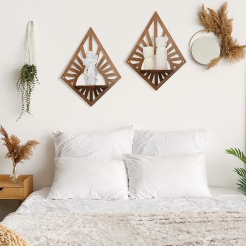 Menkxi 2 Pcs Boho Floating Shelves Wood Bohemian Decorative Display for Plants and Candles Boho Wall Art for Bedroom Living Room Bathroom Mini Mounted Plant Decor 14.17 x 10.63 Inch(Diamond)