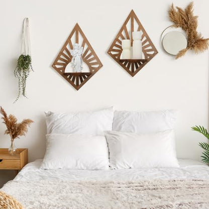 Menkxi 2 Pcs Boho Floating Shelves Wood Bohemian Decorative Display for Plants and Candles Boho Wall Art for Bedroom Living Room Bathroom Mini Mounted Plant Decor 14.17 x 10.63 Inch(Diamond)