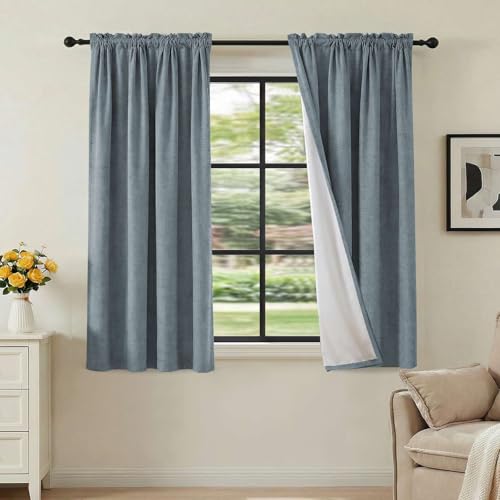 H.VERSAILTEX Linen Look 100% Blackout Curtains 45 Inches Long for Bedroom Rod Pocket 42 Inches Wide Linen Textured Thick Window Curtain Drapes with White Backing, Stone Blue, 2 Panels - color: Stone Blue, size: 42"W x 45"L (Pack of 2)