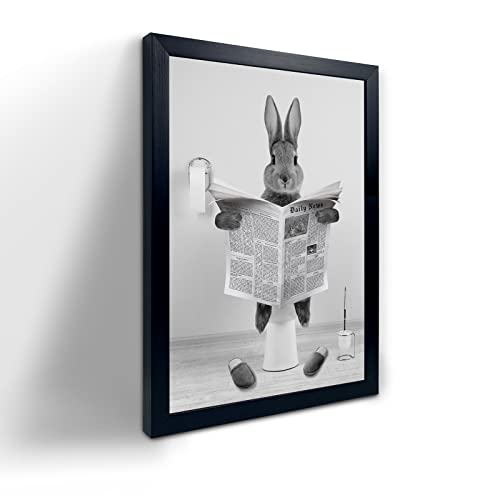YongArt Black Framed Poster, Cute Rabbit Wall Art, Farmhouse Style Animals Bathroom Decor, Black and White Canvas Ready to Hang for Kids - color: Rabbit on Toilet, size: 8"L x 10"W
