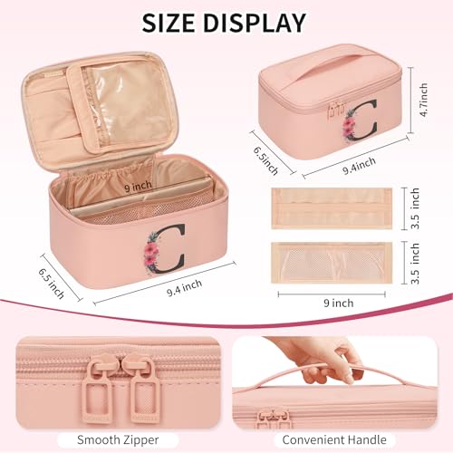 OCHEAL Initial Makeup Bag,Monogram Make up Bag Pink Travel Makeup Organizer Case Beauty Toiletry Cosmetic Bag with Brush Holder, Trendy Stuff Personalized Gifts for Women and Girls-C - color: Pink, style: C
