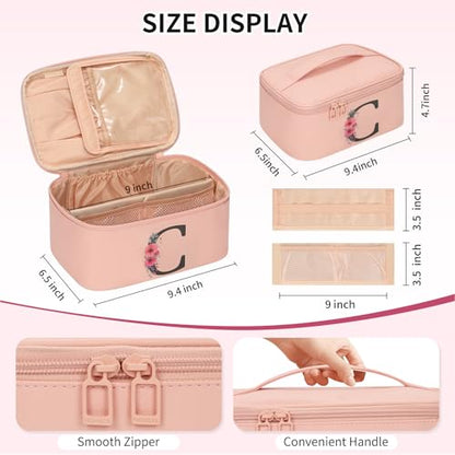 OCHEAL Initial Makeup Bag,Monogram Make up Bag Pink Travel Makeup Organizer Case Beauty Toiletry Cosmetic Bag with Brush Holder, Trendy Stuff Personalized Gifts for Women and Girls-C - color: Pink, style: C