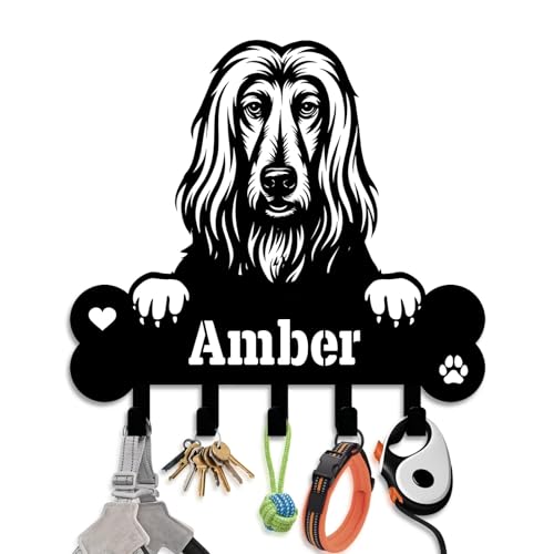 NIWAHO Personalized Dog Leash Holder Wall Mount - Custom Afghan Hound Metal Silhouette Sign with Bone Key Hooks, Entryway & Pet Room Organizer Decor - color: Afghan Hound