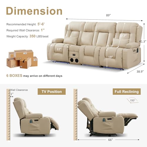 URRED Power Loveseat Recliner Sofa with Massage and Heat, Wall Hugger Reclining Loveseat with Console, RV Couch Home Theater Seating with LED Lights for Living Room (Beige, 89.8" - 3 Seats) - color: Beige, size: 89.8" - 3 Seats
