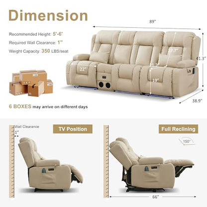 URRED Power Loveseat Recliner Sofa with Massage and Heat, Wall Hugger Reclining Loveseat with Console, RV Couch Home Theater Seating with LED Lights for Living Room (Beige, 89.8" - 3 Seats) - color: Beige, size: 89.8" - 3 Seats