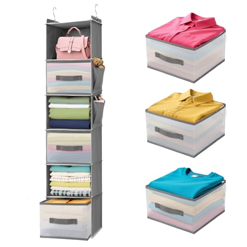 6-Shelf Hanging Closet Organizer with 3 Drawers & Side Pockets, Gray | Non-woven fabric, tool-free setup, ideal for bedrooms/dorms/RVs, 3 foldable transparent drawers for easy access - color: 6-shelf Grey
