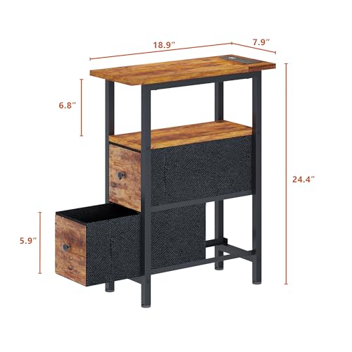 TRIFEBLE End Table with Charging Station, Narrow Side Table with 2 Fabric Drawers, Skinny Nightstand with LED Light, Slim Bedside Table for Bedroom, Living Room, Small Spaces, Rustic Brown - color: Rustic Brown