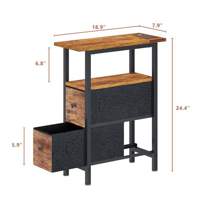 TRIFEBLE End Table with Charging Station, Narrow Side Table with 2 Fabric Drawers, Skinny Nightstand with LED Light, Slim Bedside Table for Bedroom, Living Room, Small Spaces, Rustic Brown - color: Rustic Brown