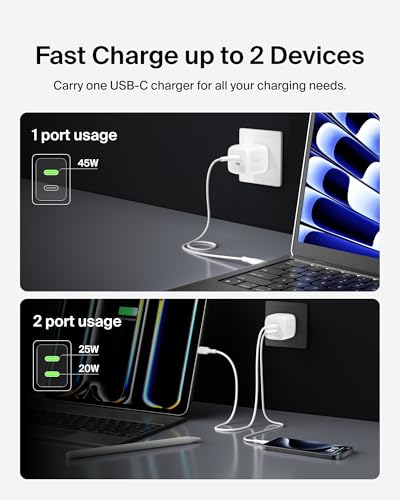 Belkin Dual Port Charger Block 45W - C to C Cable Inlcuded - GaN PD3.0 Super Fast Charging - Samsung Galaxy S25, MacBook, iPhone 17, iPad, AirPods, Google Pixel 10, Nintendo Switch 2 & More - White - style: 45W White + USB-C Cable