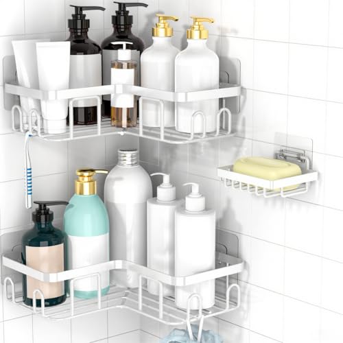 Moforoco Corner Adhesive Shower Caddy, with Soap Holder and 12 Hooks, Rustproof Stainless Steel Bathroom Organizer, No Drilling Wall Mounted Rack, Black, 3-Pack(White) - color: White