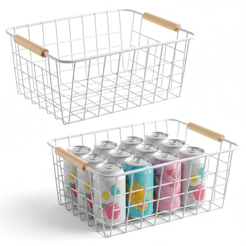 Kitchen Wire Baskets Farmhouse Decor Metal Food Storage Organizer,Household Refrigerator Bin with Built-in Handles for Cabinets, Pantry, Bathroom,2 Packs(white) - color: White, size: 2 Pack Small