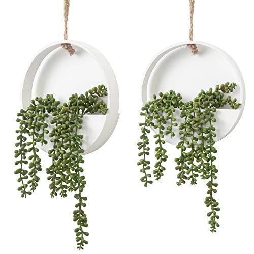 CEWOR 2pcs Artificial Hanging Succulent Plants, Fake String of Pearls in Pot with Lanyard Boho Wall Decor for Bathroom Living Room Home Indoor Outdoor Decorations, White