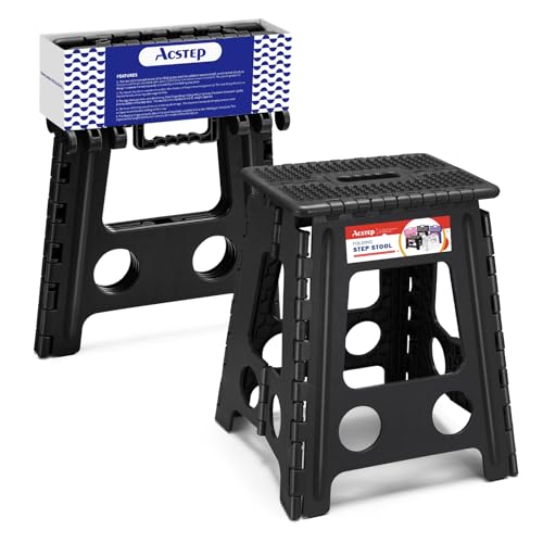 ACSTEP 16 Inch Folding Step Stool for Adults and Kids, Non-Slip Plastic Foldable Stepping Stool, Collapsible Folding Stool with Handle Holds Up to 400lbs for Kitchen, Dot Black (1 Pack) - color: Dot Black, size: 16 Inch( Pack of 1)