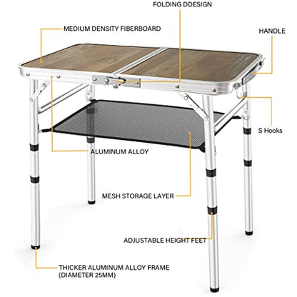 YihuiKo Small Folding Table, 3 Adjustable Heights Picnic Table, Outdoor Folding Table with Storage Mesh Layer, Portable Table for Outdoor & Indoor - size: 24"L x 16"W x 24"H