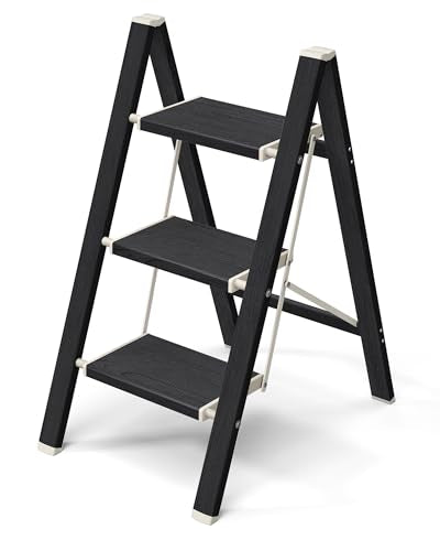 Mayi Plus 3 Step Ladder,Aluminum Folding Step Stool for Adults,Step Ladder with Wide Anti-Slip Pedal,330 lbs Capacity for Home,Kitchen,Library,Office(Ebony Woodgrain) - color: Ebony Woodgrain, size: 3 Step