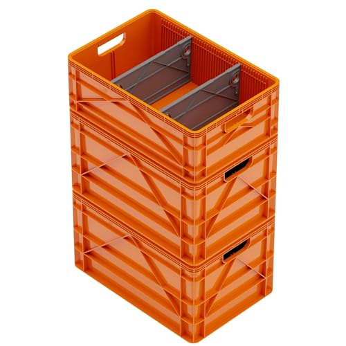 SIDIO Crate Basic Pack - 2 Full-Size & 1 Half-Size Heavy Duty Stackable Storage Bins, Totes and Containers with Dividers - Durable Plastic Organizer for Home, Office, Garage, and Outdoor Use, Orange - color: Orange