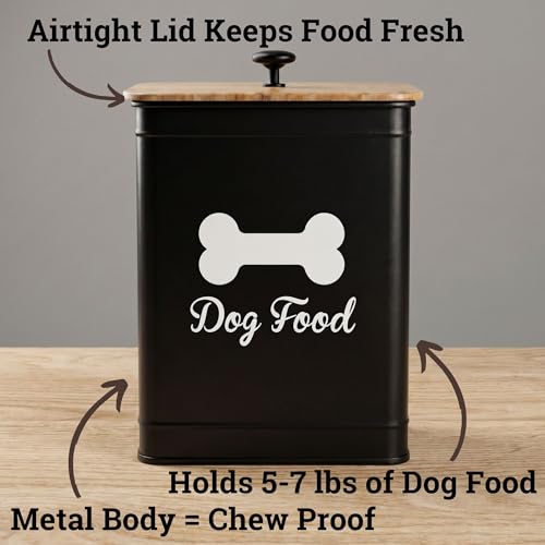 Dog Food Container Airtight 5-7 lb (25 Cup) Capacity - Cute Airtight Dog Food Storage Container with Bamboo Lid & Sturdy Metal Handle - Black Metal Kibble Storage Bin for Dogs up to 50 lbs - Pet Jar - color: Black