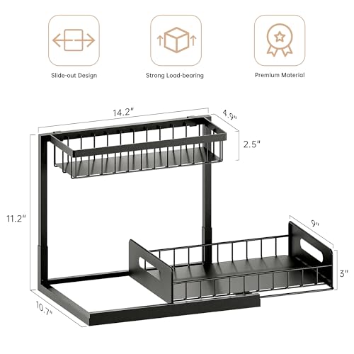 Under Sink Organizer and Storage 2 Pack, Slide Out Cabinet Organizer, Pull Out Sink Shelf for Kitchen Bathroom Laundry, Black