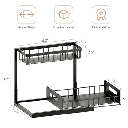 Under Sink Organizer and Storage 2 Pack, Slide Out Cabinet Organizer, Pull Out Sink Shelf for Kitchen Bathroom Laundry, Black