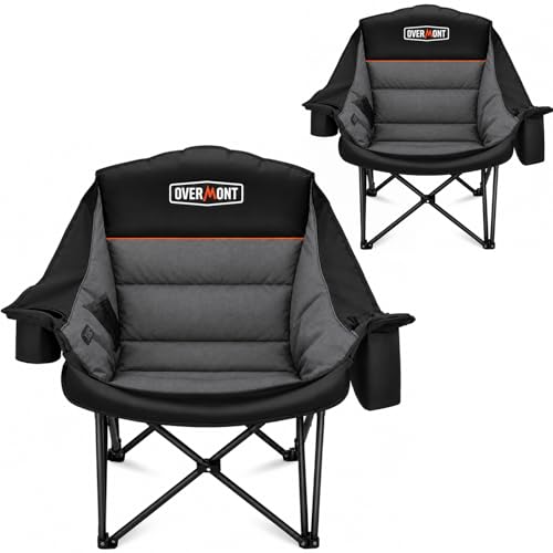Overmont Gentle Heated Oversized Camping Chair for Adults - 3 Levels Seat & Back Separately Control - 500lbs Support Heavy Duty Padded Folding Chair Outdoor Garden Portable - Battery NOT Included - color: Black Twin N