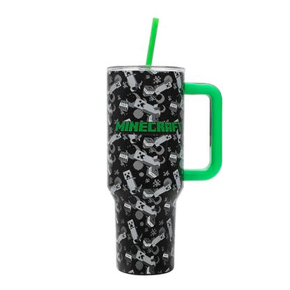 Bioworld Minecraft Creeper & TNT 40 Oz Black Stainless Steel Tumbler With Handle - color: Minecraft Creeper & TNT Blue